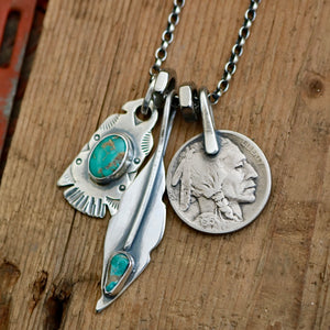 Royston turquoise Thunderbird + Feather Reworked Necklace