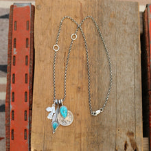 Load image into Gallery viewer, Vintage Sterling Silver Snoopy pendant + Nacozari turquoise Feather Pendant Reworked Necklace
