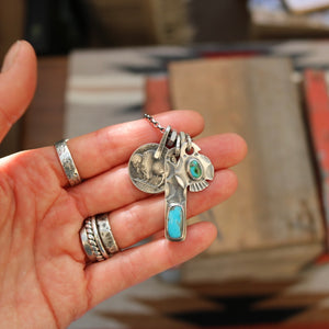 Sonoran Mountain turquoise Thunderbird + Nacozari turquoise Bar Pendant Reworked Necklace