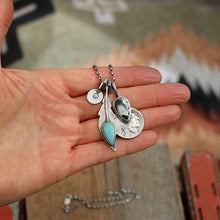 Load image into Gallery viewer, Pilot Mountain turquoise Feather + White Buffalo Nickel Pendant Reworked Necklace