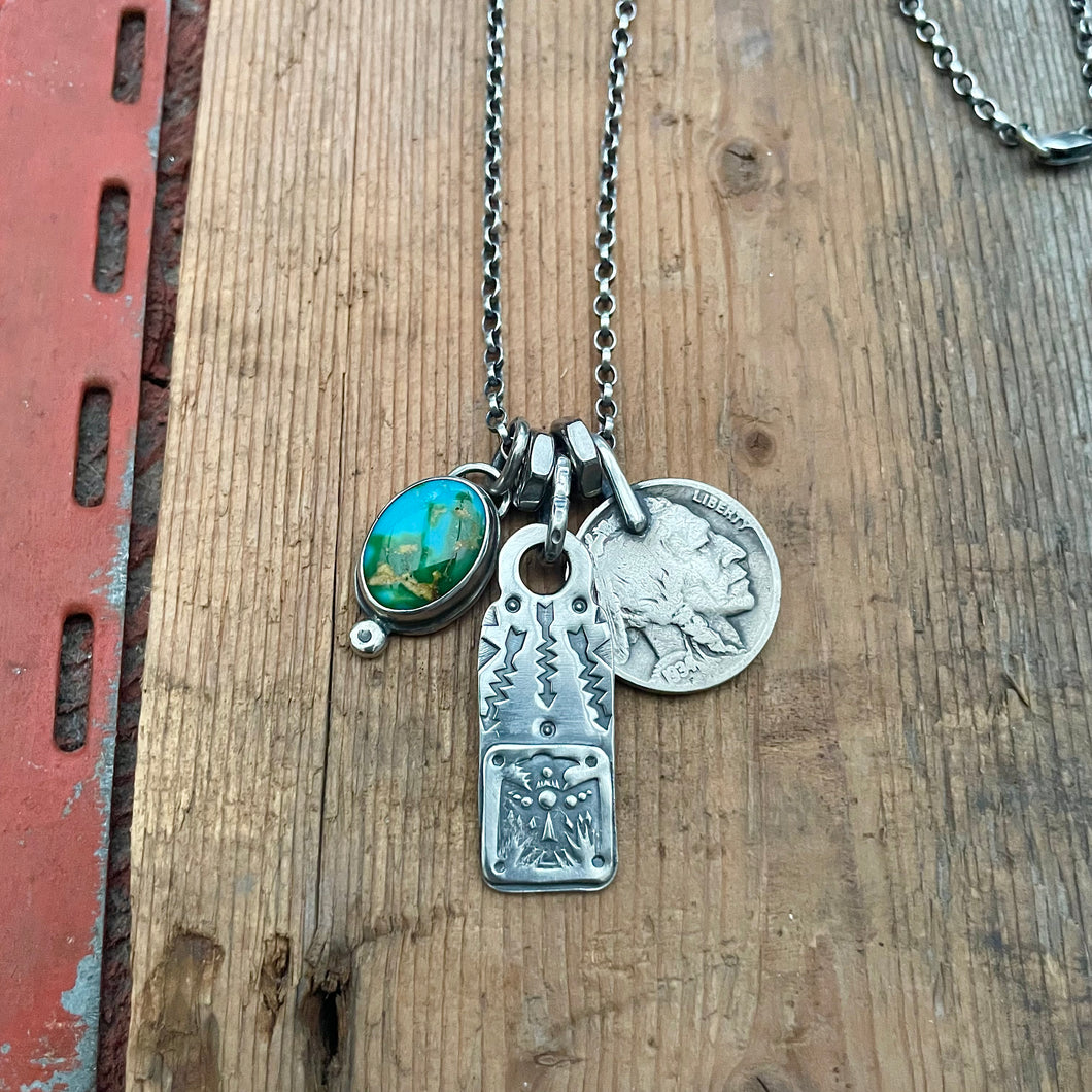 Sonoran Mountain turquoise Pendant + Thunderbird Bar Pendant Reworked Necklace