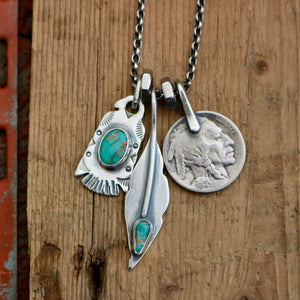 Royston turquoise Thunderbird + Feather Reworked Necklace