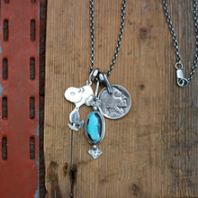 Load image into Gallery viewer, Vintage Sterling Silver Snoopy pendant + Blue Moon turquoise Pendant Reworked Necklace