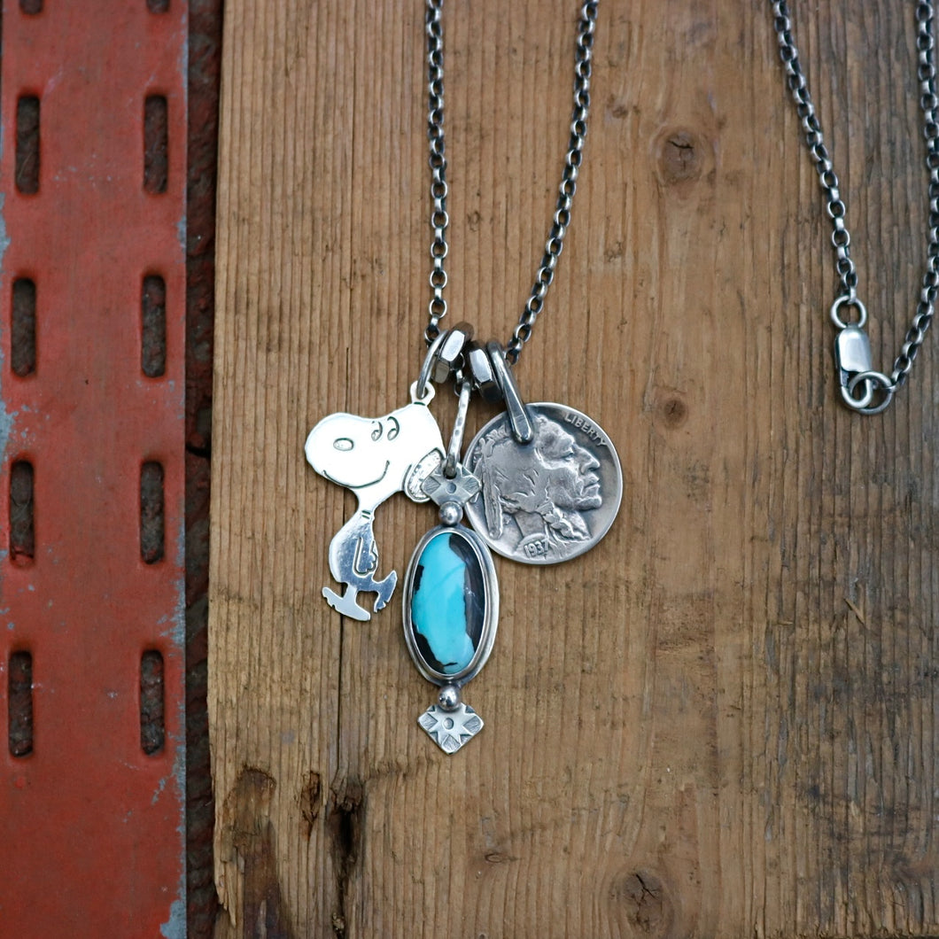 Vintage Sterling Silver Snoopy pendant + Blue Moon turquoise Pendant Reworked Necklace