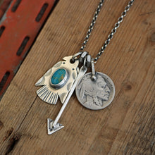 Load image into Gallery viewer, Bandits Mine turquoise Thunderbird + Arrow Reworked Necklace