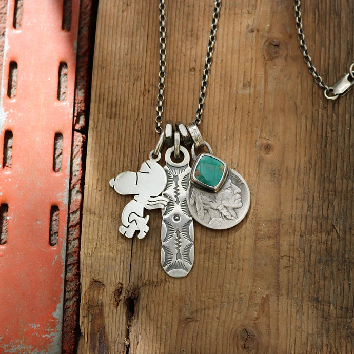 Vintage Snoopy pendant with Royston turquoise  + 1915 Nickel Reworked Necklace
