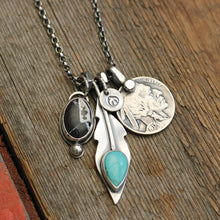 Load image into Gallery viewer, White Buffalo Pendant + Pilot Mountain Turquoise Feather Pendant Reworked Necklace
