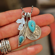 Load image into Gallery viewer, Vintage Sterling Silver Snoopy pendant + Nacozari turquoise Feather Pendant Reworked Necklace