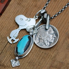 Load image into Gallery viewer, Vintage Sterling Silver Snoopy pendant + Blue Moon turquoise Pendant Reworked Necklace