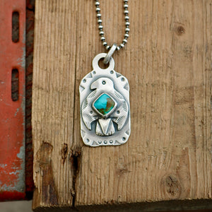 Sterling Silver Thunderbird with Bandits Mine turquoise Dog Tag Necklace