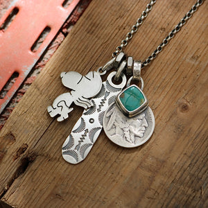 Vintage Snoopy pendant with Royston turquoise  + 1915 Nickel Reworked Necklace