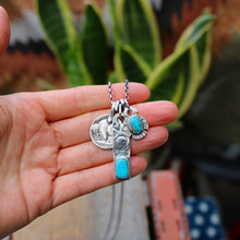 Load image into Gallery viewer, Nacozari turquoise Thunderbird Pendant + Sterling Bar Pendant Reworked Necklace