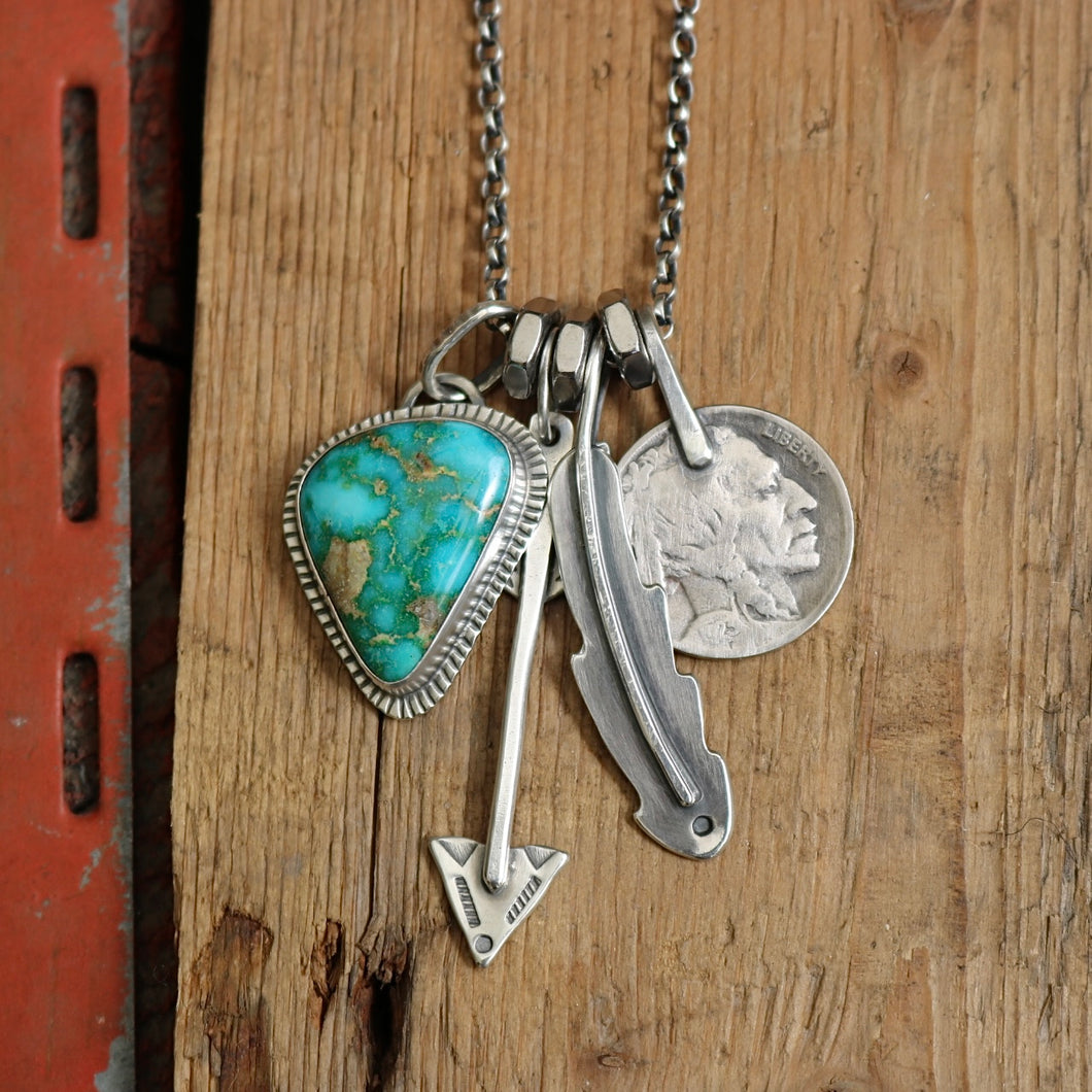 Sonoran Mountain turquoise Pendant + Feather Reworked Necklace
