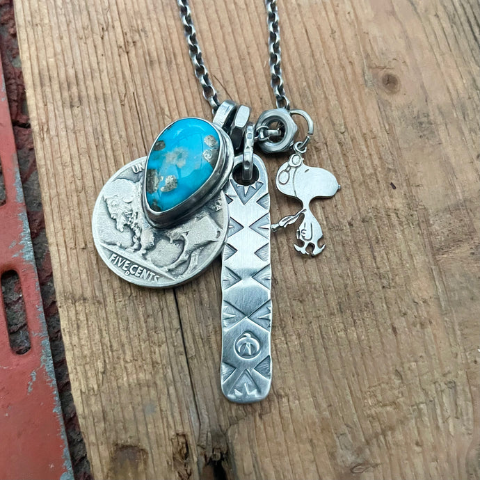 Vintage Flying Ace Snoopy pendant + 1938 Buffalo Nickel with Blue Moon turquoise Reworked Necklace