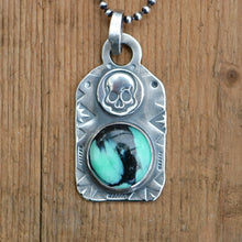 Load image into Gallery viewer, Rose Emerald Variscite + Sterling Silver Skull Dog Tag Necklace