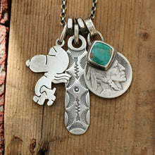 Load image into Gallery viewer, Vintage Snoopy pendant with Royston turquoise  + 1915 Nickel Reworked Necklace