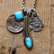 Load image into Gallery viewer, Blue Bird turquoise Feather Pendant + Thunderbird Reworked Necklace