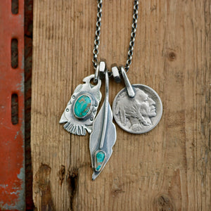Royston turquoise Thunderbird + Feather Reworked Necklace