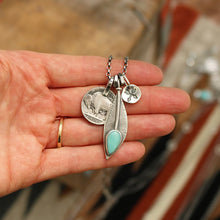 Load image into Gallery viewer, Pilot Mountain Turquoise Feather + Buffalo Nickel Reworked Necklace