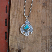 Load image into Gallery viewer, Sterling Silver Thunderbird with Bandits Mine turquoise pendant Necklace