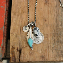 Load image into Gallery viewer, Pilot Mountain turquoise Feather + White Buffalo Nickel Pendant Reworked Necklace