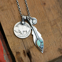 Load image into Gallery viewer, Rose Emerald Variscite Feather + Buffalo Nickel Reworked Necklace