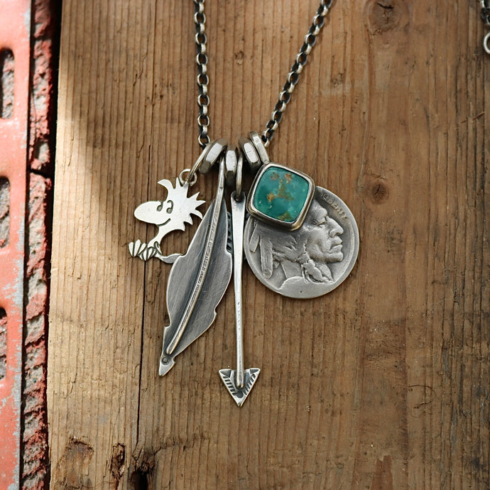 Vintage Woodstock pendant with Royston turquoise  + 1930s Nickel Reworked Necklace