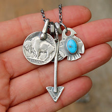 Load image into Gallery viewer, Kings Manassa turquoise Thunderbird + Buffalo Nickel Reworked Necklace