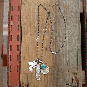 Vintage Snoopy pendant with Royston turquoise  + 1915 Nickel Reworked Necklace